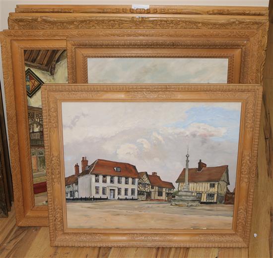 Alfred Palmer, five oils, views of cathedrals and of a town square, all in frames hand carved by the artist, largest overall 65 x 75cm